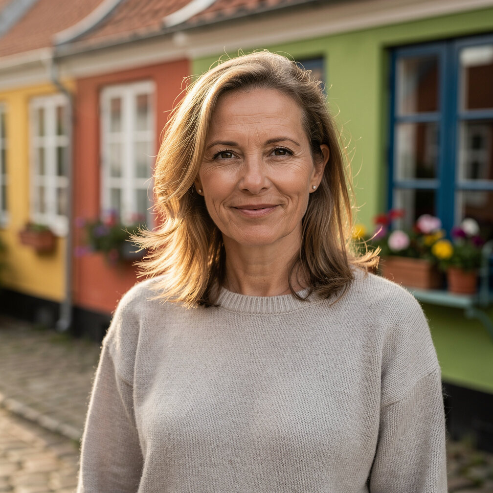 Portrait of a middle-aged Danish woman in a village setting