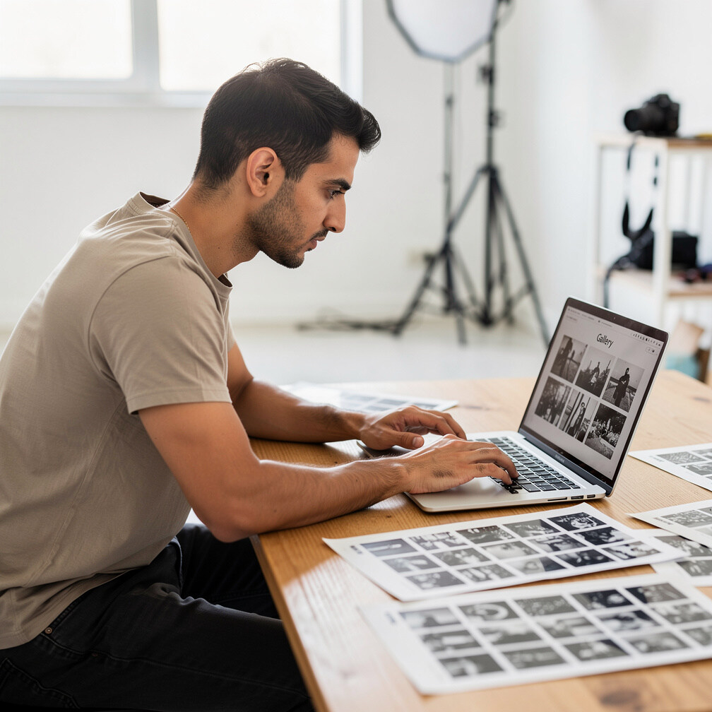Photographer editing photos on a laptop in a studio