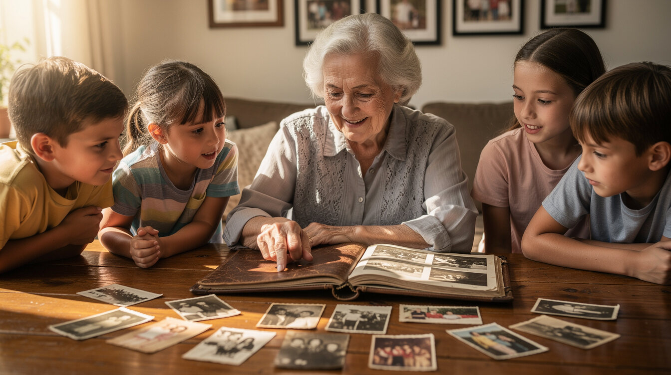 elderly woman showing photo album