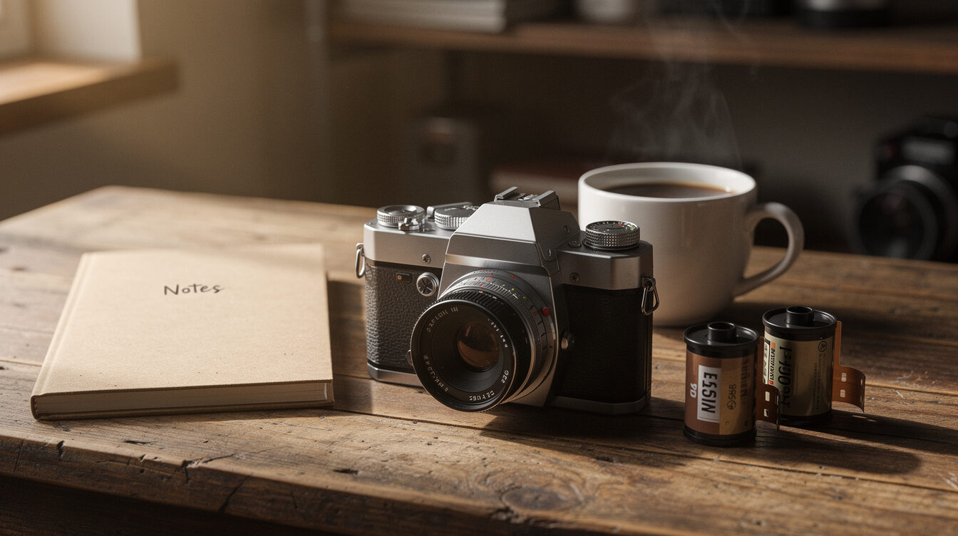Vintage camera and film rolls on a wooden desk
