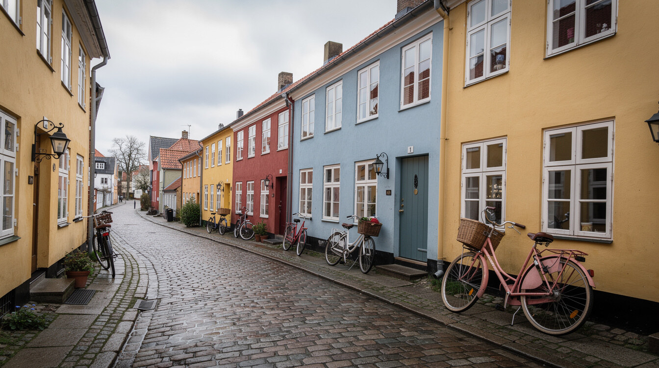 Colorful row houses on a quiet street in a Danish town